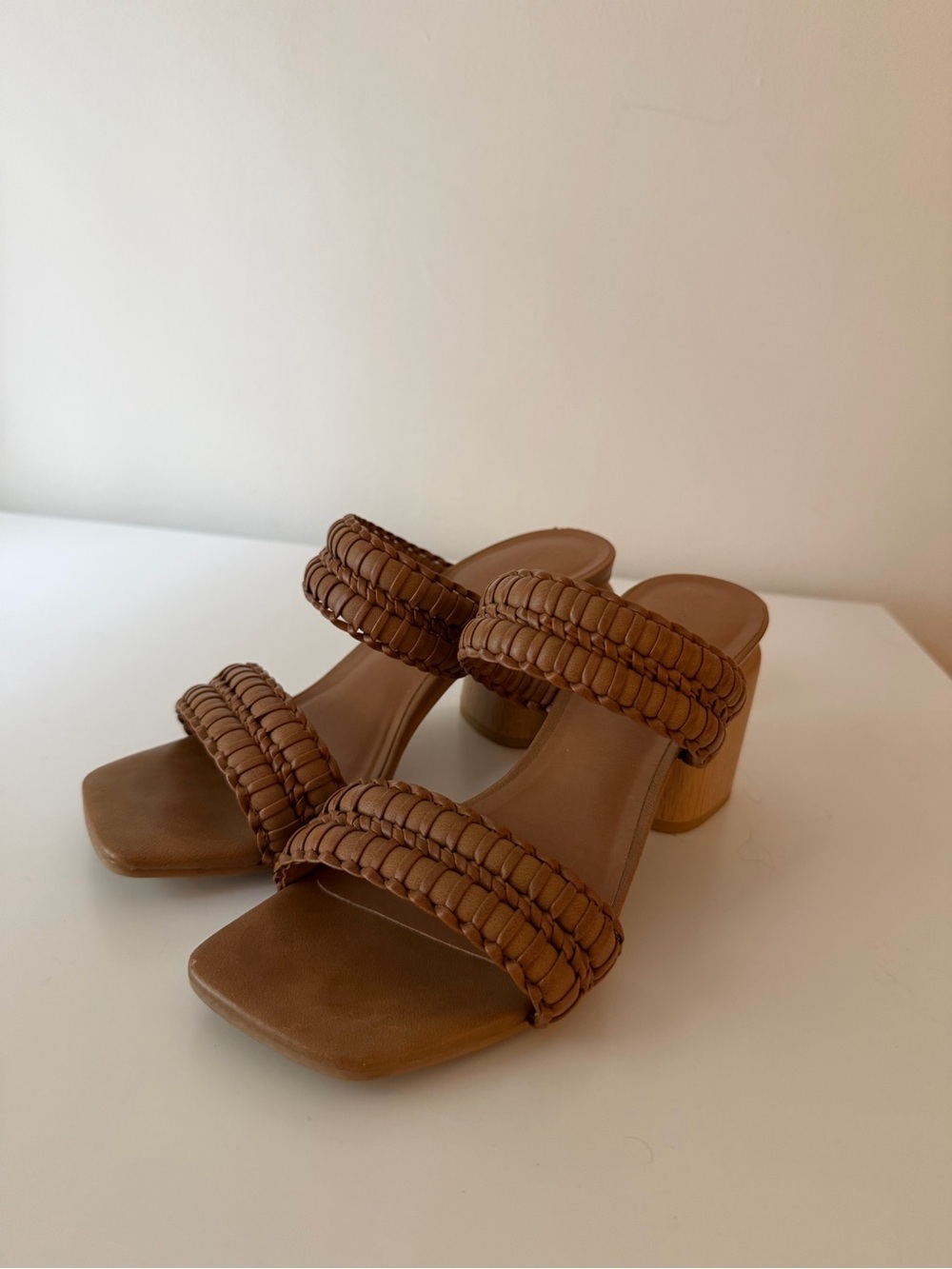 Women's Brown Braided Strappy Slip-On Block Heel Slide Sandals Size 7
